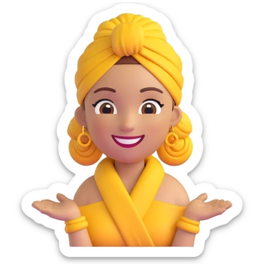 Create a 3D cartoon style emoji of the person in the reference photo, capturing her features, bright smile, yellow headwrap, and earrings. The pose should be friendly and welcoming with a transparent background. sticker