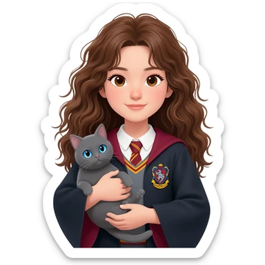 Asian girl with long messy wavy brown hair and brown eyes wearing RAVENCLAW (not Gryffindor) uniform, holding a gray cat with blue eyes in hands sticker