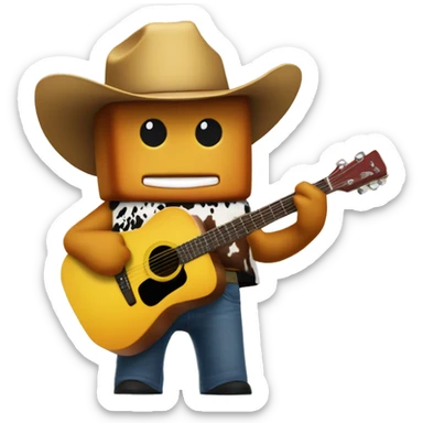 a mcdonald chicken nugget with a cow-boy hat and a roblox  face and a guitar sticker