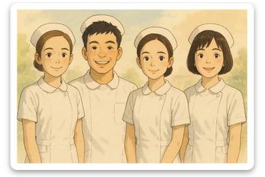 Four nursing students inspired by the faces of four photos, wearing complete white short-sleeve uniforms (visible arms), no stethoscope, lined up in a row, smiling, no touching, warm atmosphere, Ghibli style, soft background. sticker