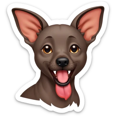 Cinematic Cute Yawning Xoloitzcuintle dog Portrait Emoji, Head tilted slightly with a dramatic, wide-open yawn, showcasing smooth, hairless ebony skin with gently relaxed wrinkles and floppy ears slightly drooping, round dark eyes barely open in drowsy contentment, Simplified yet irresistibly adorable features, highly detailed, glowing with a soft, cozy glow, high shine, relaxed yet expressive, stylized with a touch of whimsy, bright and endearing, soft glowing outline, capturing the essence of a sleepy yet affectionate guardian, so drowsy it feels like it could stretch out of the screen and curl up for a nap! sticker