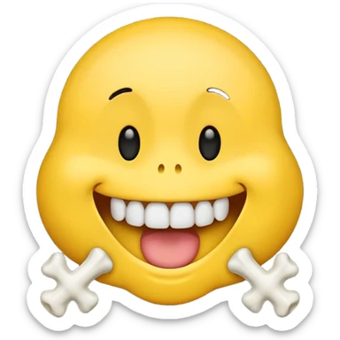 happy emoji with a yellow bone halfway out their mouth sticker