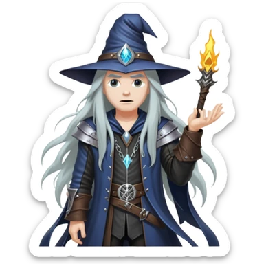 wizard with long hair, heavy metal aesthetic, leather clothes, dark magic sticker