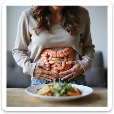adult woman, photorealistic, on a diet to fix intestine, sitting with curved posture, hands pressing abdomen, intestine highlighted, light food plate in front, natural light, home background sticker