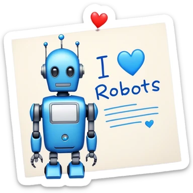 a note with "I love robots" text sticker