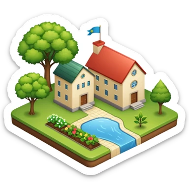 An icon featuring a local map, and regional landmarks, symbolizing local gardening. The design includes a tree, and 1 building, representing the unique geography and culture of a specific area. Transparent background highlights the exploration of local history and environment. sticker