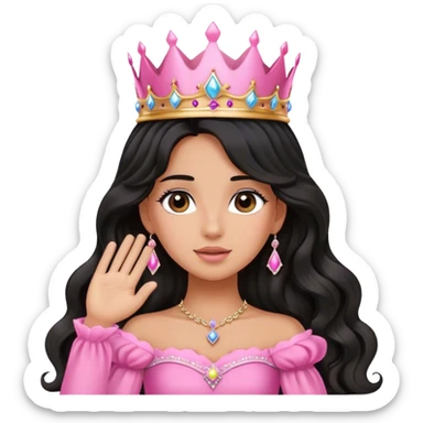 Very very very tanned skin princess, with long black wavy hair and crown and an pink princess outfit with a cute pose with hand on her face sticker
