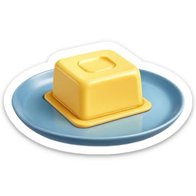 A 3D cartoon yellow butter block on a dish with soft light, Memoji-style realism. sticker