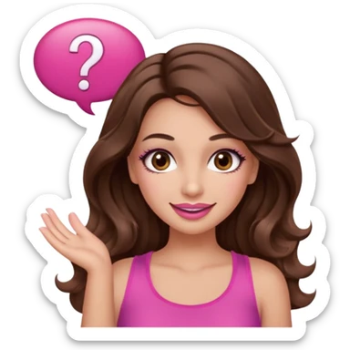 girl with long wavy brown hair, brown eyes, long lashes makeup, sexy pink lips, light to medium complexion, wearing a pink sexy top, shugging, smiling, question mark one speech bubble sticker