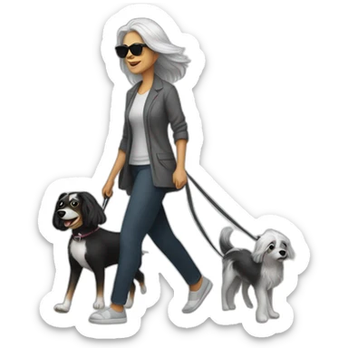 Mom with long grey hair wearing sunglasses walking a black and white dog sticker