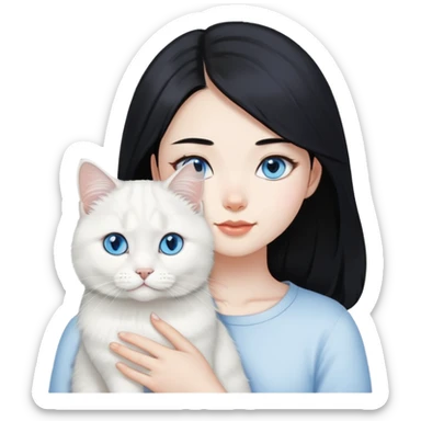 black hair Asia girl with White British longhair cat blue eyes  sticker