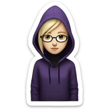 Girl blond artist with round glasses left side behind his laptop with this style: Alan Walker Singer purple character purple black hooded hacker themed character sticker