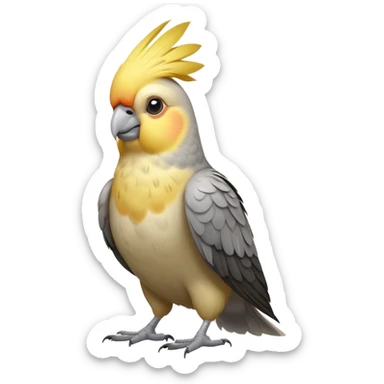 cinematic-[cockatiel]-realistic-full-body-sitting-emoji,-head-tilted-dramatically,-grey and yellow feathers,-simplified-yet-realistic-focused-features,-highly-detailed,-glowing-with-an-almost-sarcastic-glow sticker