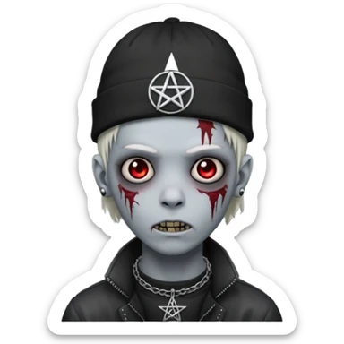 zombie boy emoji, apple style, pentagram on forehead, wearing choker and beanie, emo, no text sticker