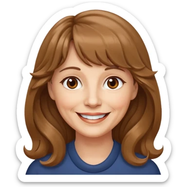 60 yr old woman, small brown eyes, long wavy light brown hair, bangs,  sticker