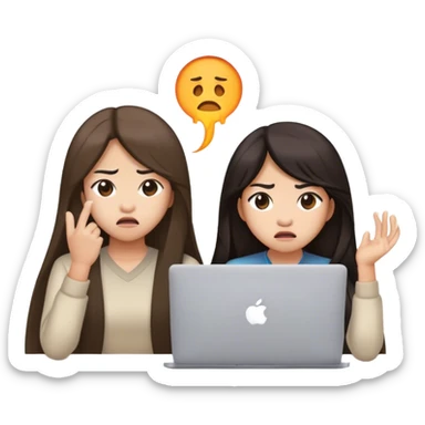 two asian girls long hair disgusted in front of macbook sticker
