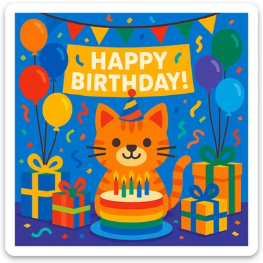 birthday party scene with rainbow balloons, multicolored decorations, confetti, large rainbow birthday cake, gifts, festive atmosphere, featuring a ginger tabby kitten wearing a birthday hat as the main character, with a prominent 'Happy Birthday!' message sticker