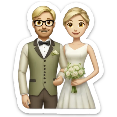 Wedding couple. She has a chignon with Brown Hair and he has a light olive green suit with a brown vest. He wears glasses and is blond. sticker