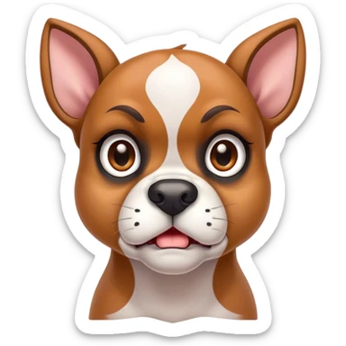 Cinematic Comical Fawn Boxer Portrait Emoji, Head tilted dramatically with an exaggeratedly shocked or offended expression, featuring a sleek fawn coat with a distinctive white muzzle, wide, expressive brown eyes filled with exaggerated disbelief, Simplified yet hilariously expressive features, highly detailed, glowing with a slightly sassy glow, high shine, dramatic yet playful, stylized with an air of attitude, bright and endearing, soft glowing outline, capturing the essence of a sassy and over-the-top guardian, so meme-worthy it feels like it could side-eye its way into internet fame instantly! sticker