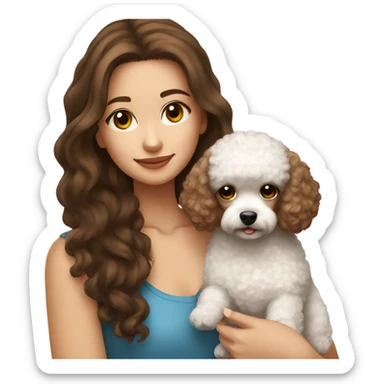 Brown hair brown eyed girl holding a small white toy poodle sticker