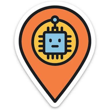 clean logo for '여행Javis' featuring a map pin icon with a small robot or AI chip element, flat design, minimal colors, very simple sticker
