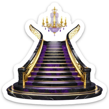 Luxurious black marble hallway stairs with gold and white accents  with purple crystals in chandelier sticker