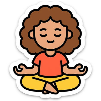 brunette girl with curly hair meditating, sitting cross-legged, colored icon sticker