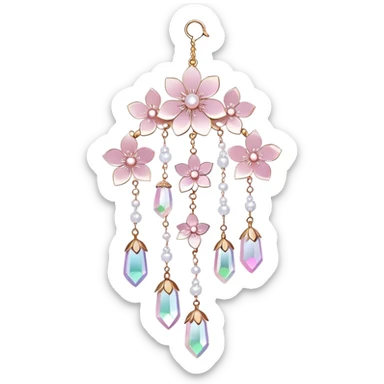 Hanging Iridescent pastel pink sakura crystals white-pearly suncatcher with bells and feathers sticker