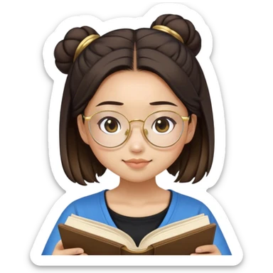 pretty asian girl sitting reading a blue book black top gold glasses brown hairbun sticker