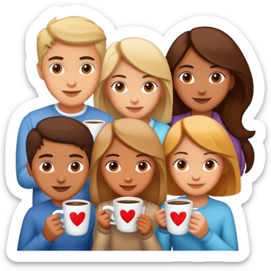 friends drinking coffee in a mug with the logo “v.love” sticker