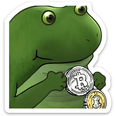 bufo frog (pepe) with a single coin in hand sticker