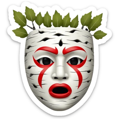 birch tree male mask in kokoshnik expressing anger, white, black and red palette, the texture has black marks sticker