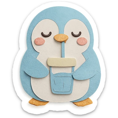 kawaii water purifier penguin sipping water with a content face, pastel blue, full-body sticker