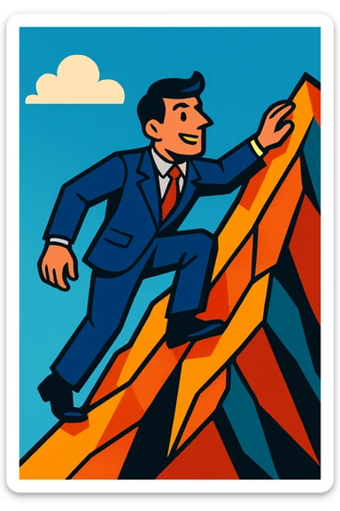 man climbing a mountain in a suit, vibrant toon style sticker