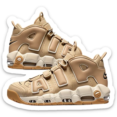 Minimalist pair of beige Nike Air More Uptempo sneakers side by side, clean simple design with AIR lettering on sides sticker