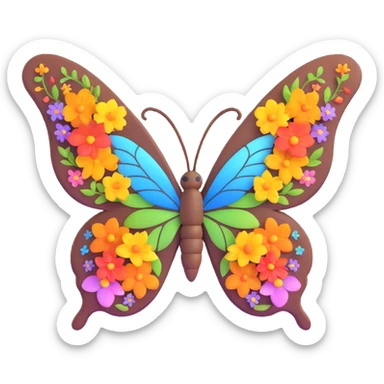 Add various colorful flowers and decorative nature motifs around the butterfly, maintaining the magical, 3D cartoon, digital fantasy art style with transparent background and all existing effects (glowing outline, sparkling accents, magical particles, elegant wings). sticker