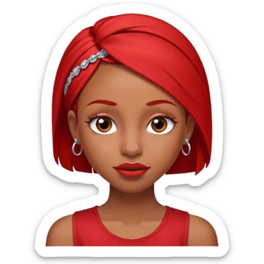 light-skinned black girl with long eyelashes with long strait dark brown hair with edges wearing a red top with no sleeves. and a red accessory on her head with nose and mouth piercings. sticker