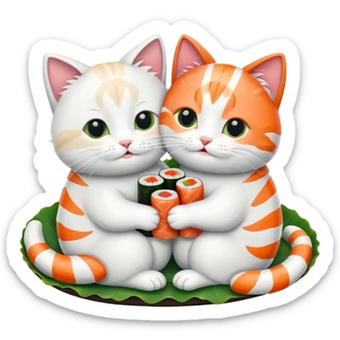 2 cats hugging and eating sushi sticker