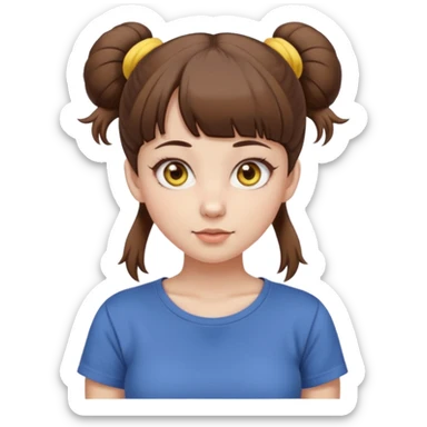beautiful girl with brown hair with up twin buns style only, straight bangs, yellow eyes, milk brown tshirt, white skin, her body is a little fat  sticker