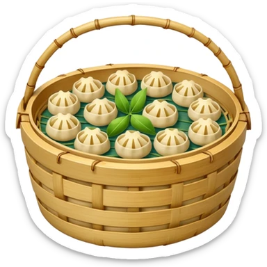 A bamboo steamer basket filled with tiny dumplings. sticker