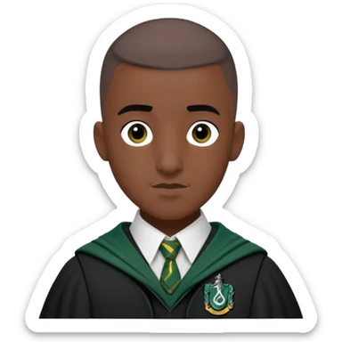 louis cordice is Blaise Zabini in harry potter, wear hogwarts slytherin uniform, Buzz Cut hair, black skin, long face sticker