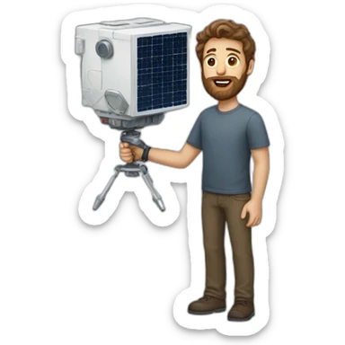 Tall white man brown hair scruffy beard carrying a small cube satellite sticker