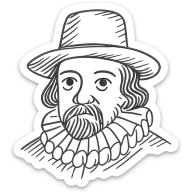 a hand drawn black outline portrait of philosopher Francis Bacon with similar-sized eyes based a famous portrait of him sticker