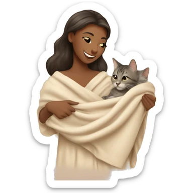 pretty woman petting cat in beige blanket sticker