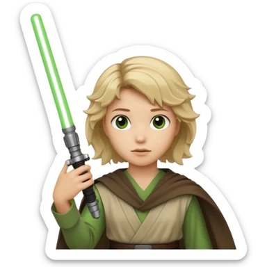 Young jedi with sandy blonde wavy short hair holding a green light saber. With brown eyes sticker