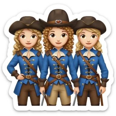 Three female musketeers ome with brown curly hair, one with blond one with blond in pony tail sticker
