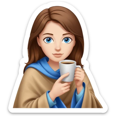 Brown hair with blue eyes lady wearing light brown blanket drinking coffee  sticker
