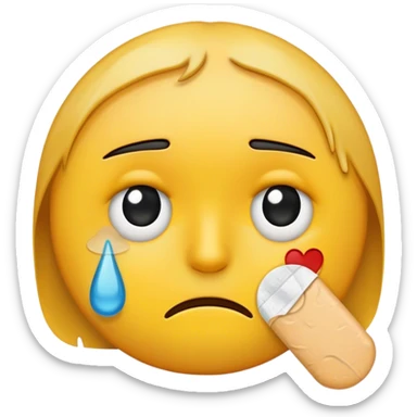Beat up emoji with one black eye, bandaid on left cheek sticker
