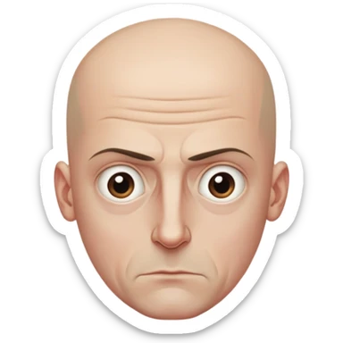Steven Miller, bald, intense scowl, very narrow rectangular head, bottom lip sticking out, eyelids nearly shut and drooping on the outer sides sticker