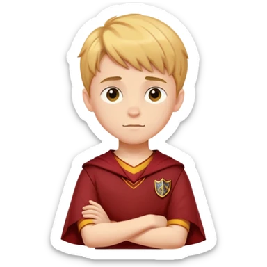 A young boy slightly to the side looking forward with crossed arms wearing the Gryffindor uniform sticker